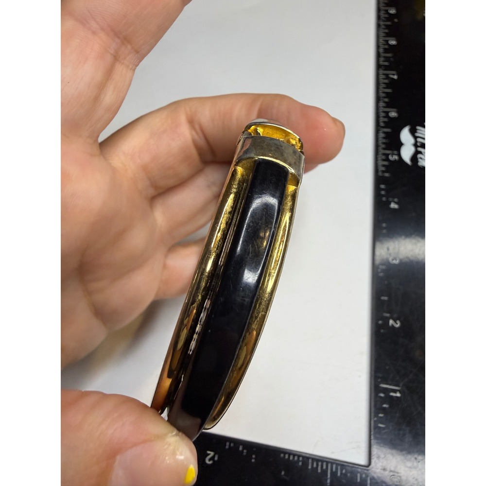 Black and Gold Tone Hinged Bangle Bracelet Minimalist Enamel Style Accessory
